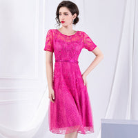 Early autumn new style round collar slim mesh yarn dress short sleeve high waist Embroidered Beaded A-shaped dresses