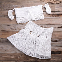 Crochet Two Piece Set Summer Beach Dress Hand Knitted Hollow Out Crop Top Mini Skirt Sheer Fishnet Cover Up Casual Suits