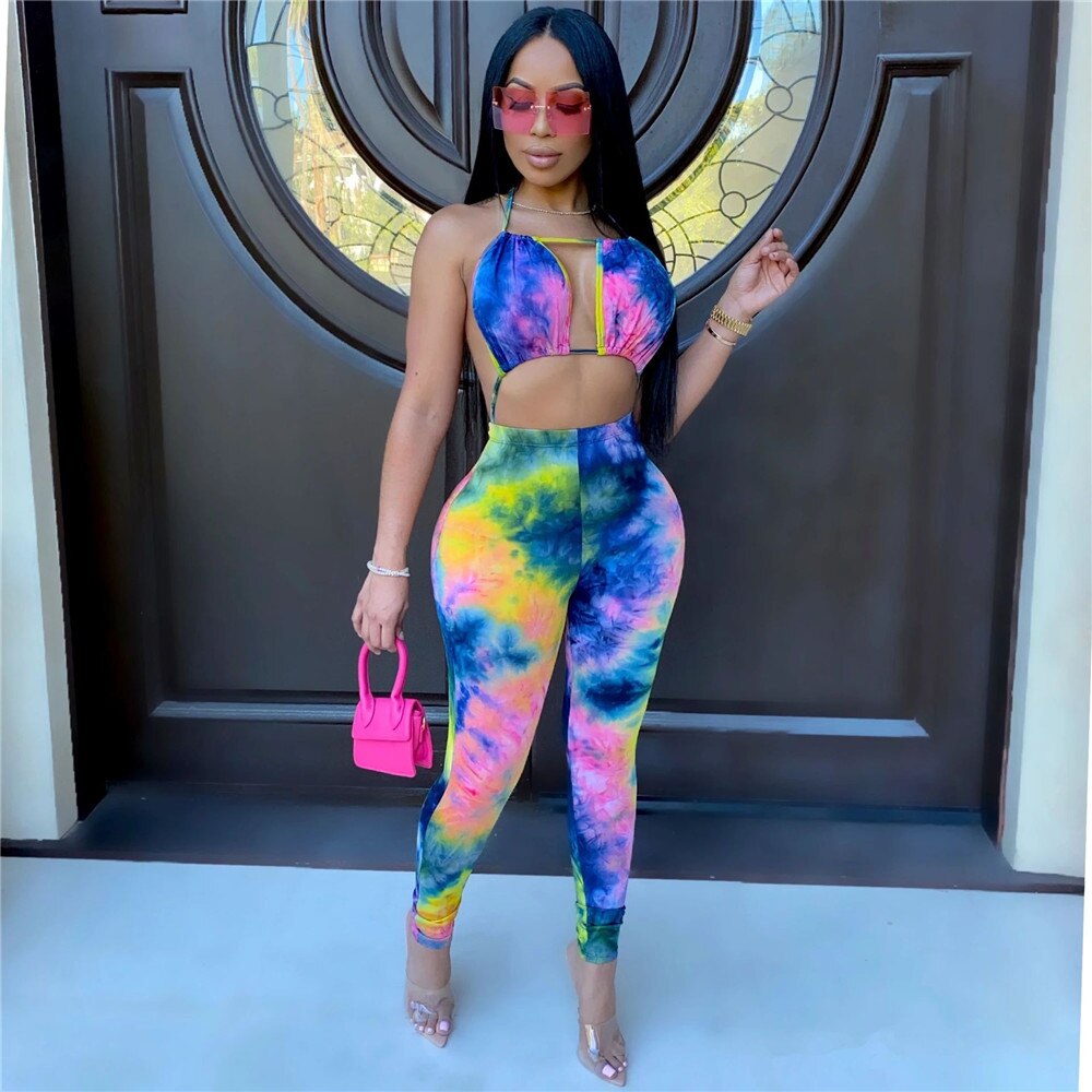 Tie Dye Print Sexy Jumpsuit Clubwear Women Rompers Halter Hollow Out Backless Party Bodycon Overalls for Women Macacao Feminino