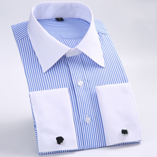 Men&#39;s Classic French Cuffs Striped Dress Shirt Single Patch Pocket Standard-fit Long Sleeve Wedding Shirts (Cufflink Included)