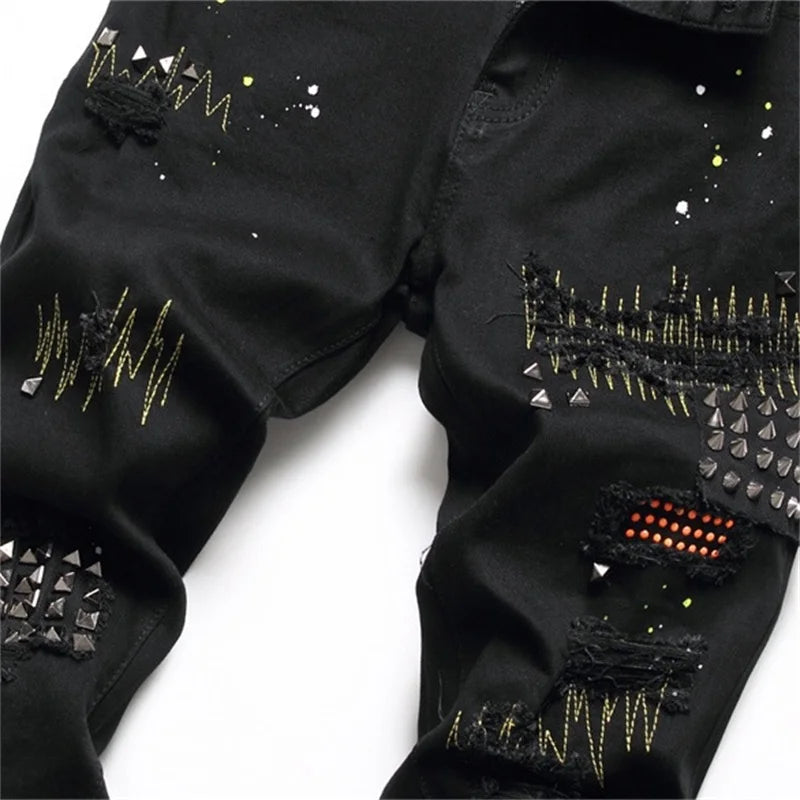 EH·MD® Diamond Embroidered Jeans Men's Scraped Inside Floral Trim Splash Ink Slim Cotton Stretch Leather Standard Black Pants 22