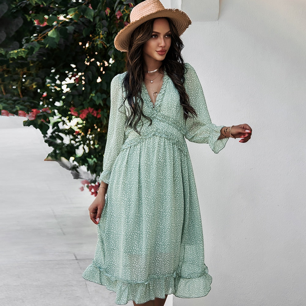 Boho Summer Dress Women 2022 Ruffles Print V Neck Chiffon Midi Dress Wrist Flare Sleeve Empire Holiday Beach Dresses Woman