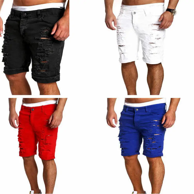 Men's Denim Chino Fashion Shorts Washed Denim Boy Skinny Runway Short Men Jeans Shorts Homme Destroyed Ripped Jeans Plus Size