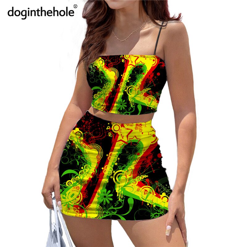 Doginthehole Reggae Design Jamaica Leaf Print Women Club Outfits Sexy Sling Tube Tops and Short Bodycon Dress Summer 2pcs Sets