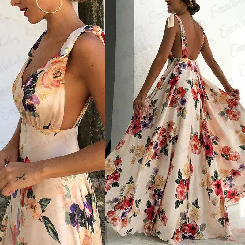 Women Boho Summer Floral Sleeveless V-Neck Backless Vintage Long Maxi Dress Ladies Party Evening Summer Beach Sundress