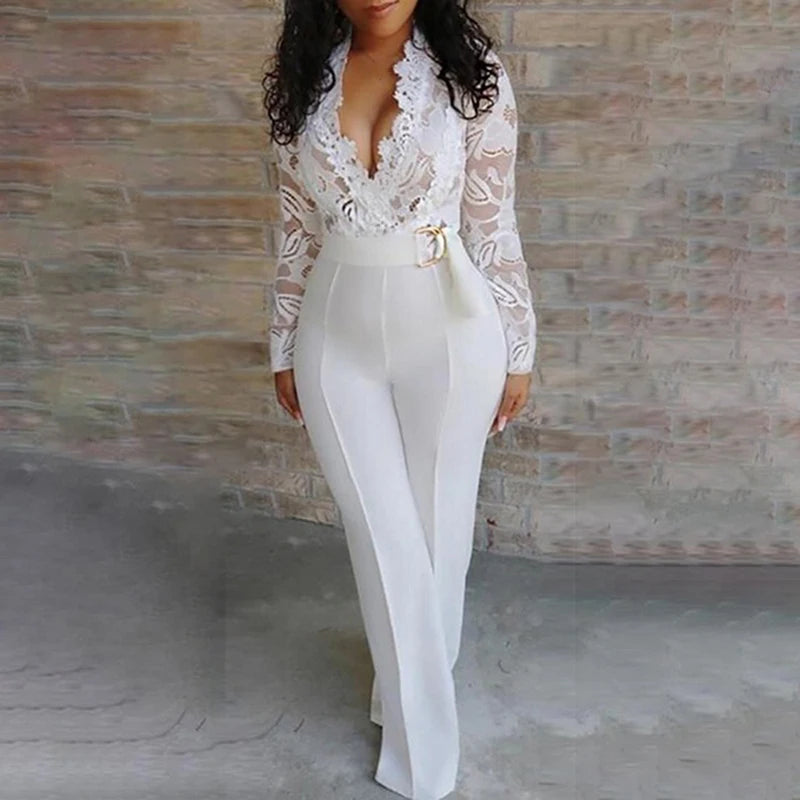 Elegant Lace Rompers Womens Summer Jumpsuit Solid Color Sexy Ladies Casual Long Trousers Overalls White Jumpsuit Office Lady