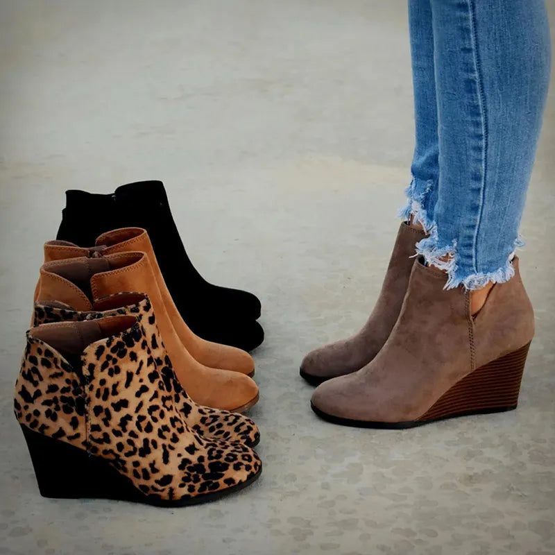 Pointed Toe Booties Winter Women Leopard Ankle Boots Lace Up Footwear Platform High Heels Wedges Shoes Woman Bota Feminina