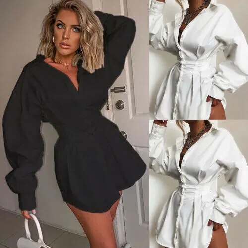 Women Shirts Dress Office Lady Long Puff Sleeve V-Neck High Waist Mini Dress Solid White Black Defined Waist Shirt Tunic Dress