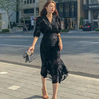 Korea Women Party Dress 2023 Spring fashion Office OL chiffon Half Sleeve Ruffles Bodycon Mermaid Midi Dress