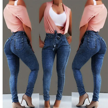 Women's Casual Hip-lifting Slim-fit Jeans Stretch Fringed Belt Pencil Pants High-waisted Denim Trousers Jeans for Women