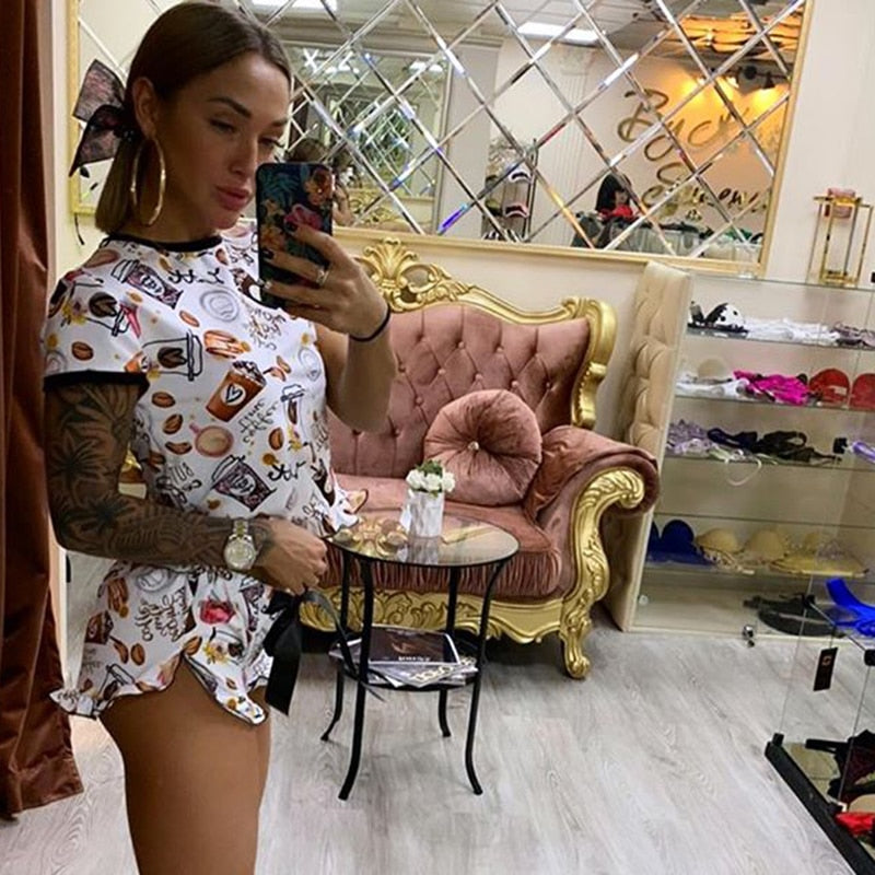 OMSJ 2020 New Women Funny Sleepwear Party Suit Summer Casual Crop Top And Shorts Sets Female Two Piece Outfits Fashion Tracksuit