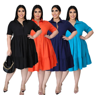 New Plus Size Dresses Women Summer Wholesale Solid Buttons Casual Turn Down Collar Knee Length Ruffle Shirt Dress Dropshipping