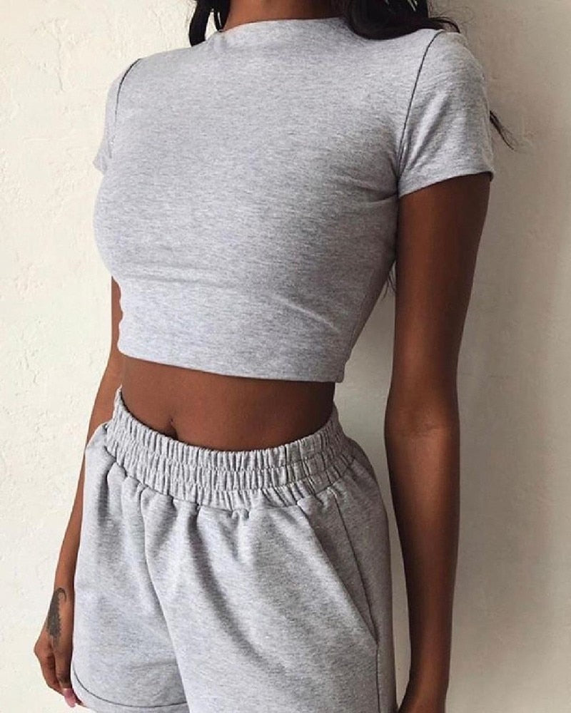 New Summer Women Short T-Shirts Casual Two Piece Clothing Tracksuit Pockets Loose Tops Shorts Set Female O-Neck Casual Sets