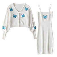 Sexy Butterfly Cardigan Korea style Long sleeve Sweater Slash Collar hips Dress 1 Set