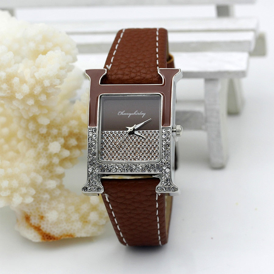 Casual Female Square Shaped WristWatch Leather Paint Rhinestone Designer Ladies Clock Women Dress Luxury Quartz Crystal Watch