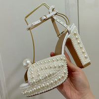 2021 Sexy Pearl Platform Sandals Women Open Toe Rhinestone Diamond Square High Heels Shoes