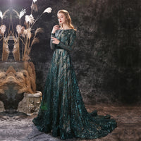 Long Evening Dresses Gorgeous Elegant Muslim Mermaid Long Sleeve Sequined Hunter Green Prom Party Formal Occasion Gown