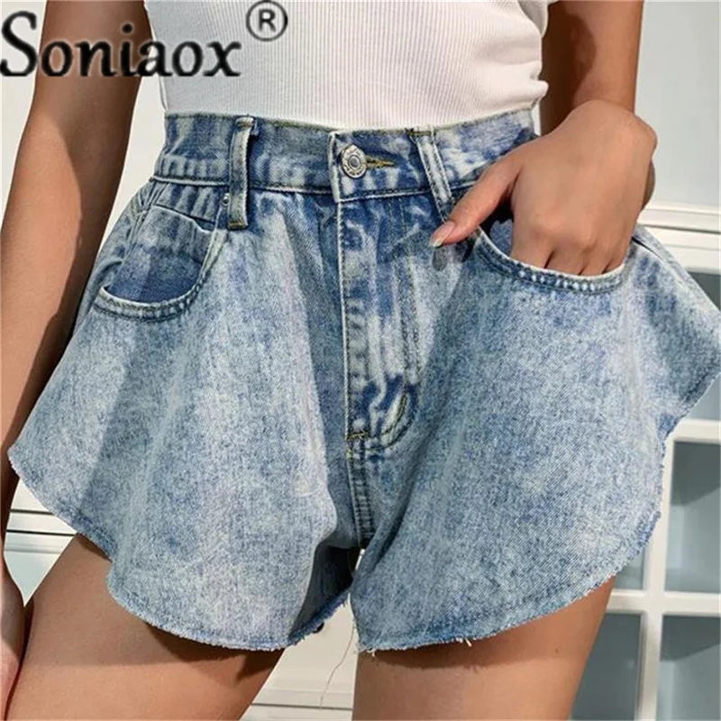 2021 Summer Women Casual Ripped Denim Shorts Sexy High Waist Ruffle Hem Loose Ruched Jean Short Female Fashion Street Clothing