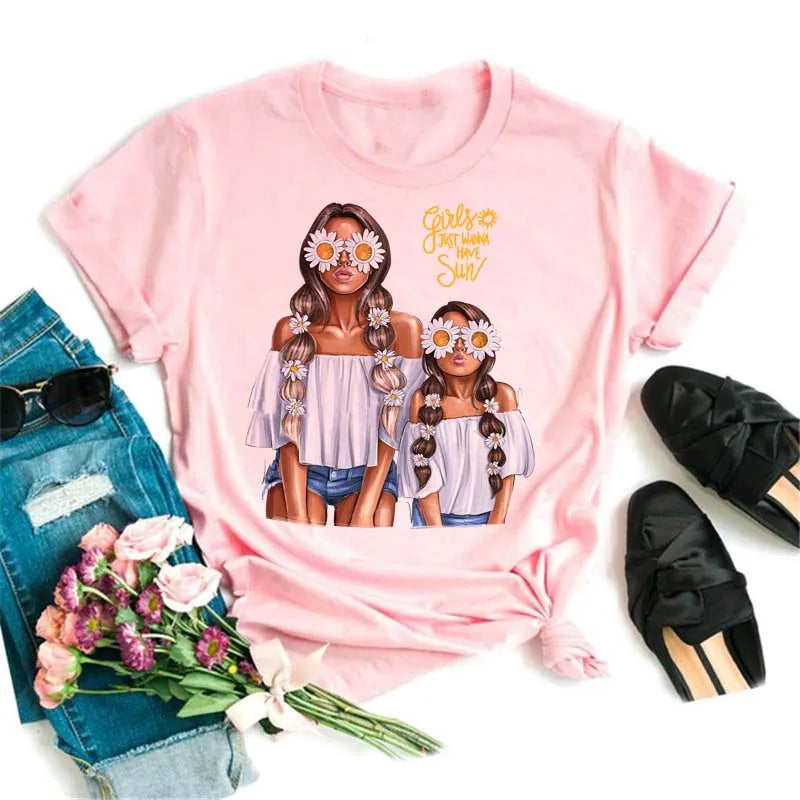 Maycaur Women Cartoon Mom Mother Boy Girl Print Mother Lady T-shirts Casual Top T Shirt Ladies Womens Graphic Female Tee T-Shirt