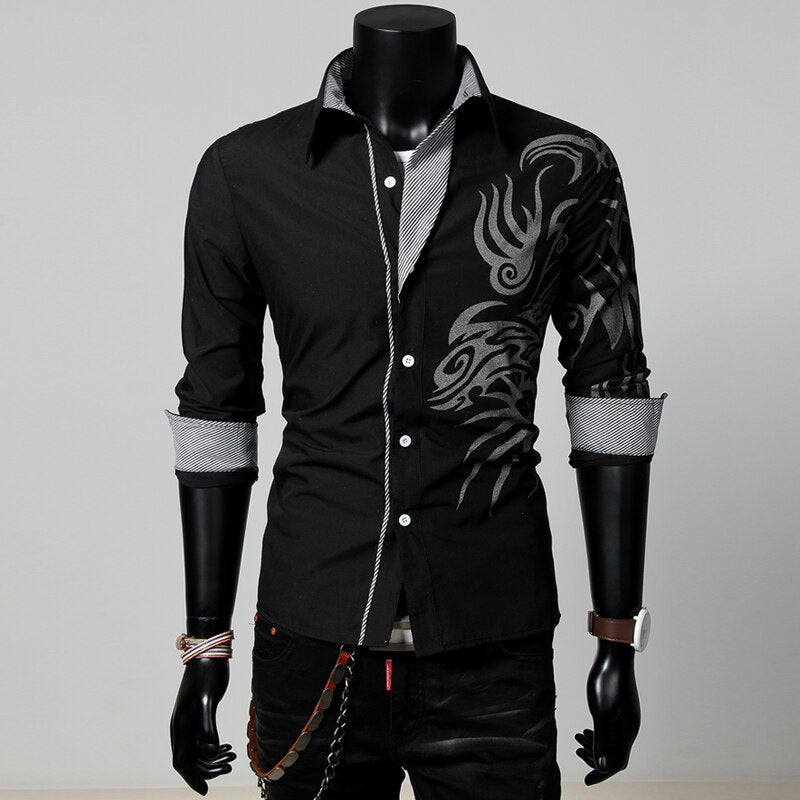 COLDKER Fashion Casual Chinese Style Dragon Print Long-sleeves Shirt Men's Social Business Slim-fit Lapel Shirt Male Tops