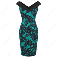 Women Sexy Floral Elegant V Neck Sheath Fitted Casual Work Party Sexy Sleeveless Pencil Dress