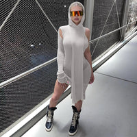 Fall Spring Clubwear Tight Dress One Sleeve Knit Asymmetric Midi Dresses Skinny Ribbed Hooded Streetwear Baddie Clothes