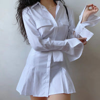 2021 Spring Long Sleeve White Pleated Shirts Women Casual Turn Down Collar Chiffon Blouse Office Lady A Line Style Vestidos Tops