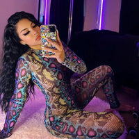 Snakeskin Print Sexy Jumpsuit Women Long Sleeve Turtleneck Bodycon Jumpsuit Rompers Autumn Club Sexy Female Streetwear