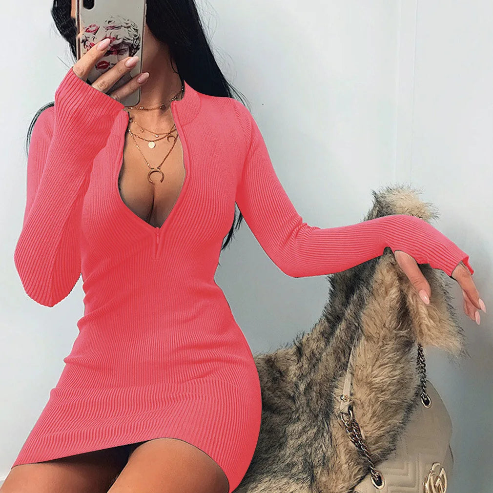 Sexy Zipper Bodycon Dress Elegant Long Sleeve Finger Hole Knitting Mini Dress Vintage Harajuku Sweater Dress Casual Clubwear