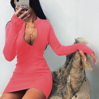 Sexy Zipper Bodycon Dress Elegant Long Sleeve Finger Hole Knitting Mini Dress Vintage Harajuku Sweater Dress Casual Clubwear