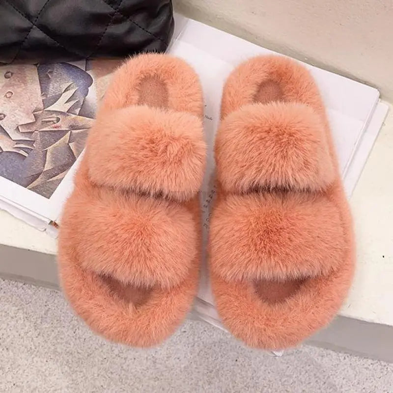 Winter Women House Furry Slippers Fashion Faux Fur Warm Shoes Slip On Flats Female Home Slides Black Plush Indoor Ytmtloy