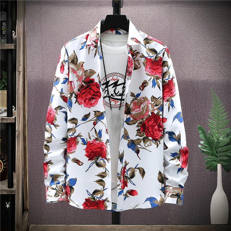 Men's Floral Print Shirts Long Sleeve Casual Shirts Flower Printing Polyester Thin Hawaiian Slim Fit Dress Shirt Men Clothing