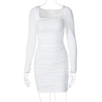 Dulzura Ruched Solid Women Long Sleeve Mini Dress Bodycon Sexy Party Elegant Streetwear 2020 Autumn Winter Club White Clothes