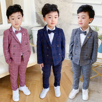 Flower Boys Formal Dress Suit Set Autumn Children Plaid Double Breasted Blazer Pants 2Pcs Clothes Set Kids Wedding Party Costume