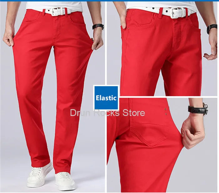 White Jeans Men Plus Size 36 38 40 Loose Oversized Red Trousers Stretched Denim Mens Casual Slim Fit Straight Elastic Man Pant