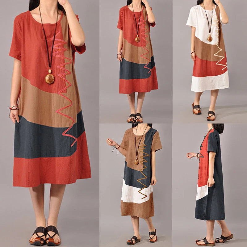 ZANZEA 2023 Womens Autumn Sundress Stitching Maxi Dress Casual Long Sleeve Tunic Vestidos Female Cotton Linen Robe