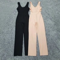 High Quality Women Winter Sexy V Neck Hollow Out Bandage Jumpsuit 2023 Celebrity Designer High Street Beige Black Rompers