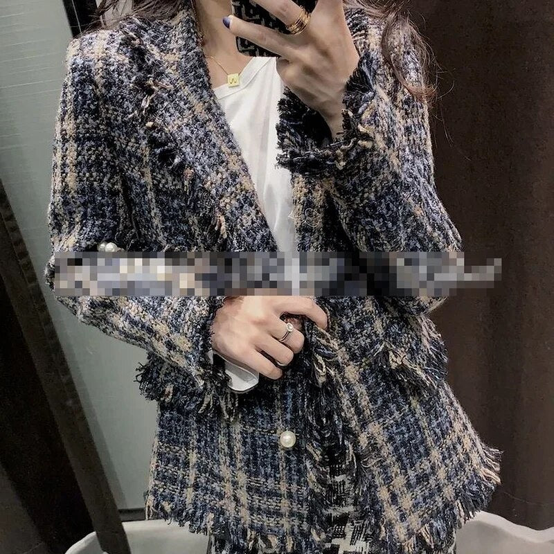 Stylish Chic Tassels Tweed Jacket Women 2023 Fashion Turn-down Collar Single Breasted Pockets Coat Female Casual Outerwear Y877