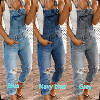 Women's Ripped Denim Jumpsuit Fashion Slouchy Loose Pocket Slim Solid Color Blue Strap Jeans Trousers Work Clothes