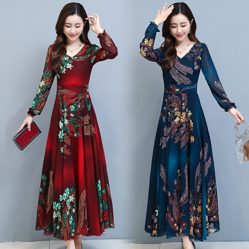 Sexy Vintage Evening Dresses Floral Chiffon Long Sleeve Casual Beach Dress