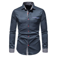 PARKLEES 2023 Autumn Plaid Patchwork Formal Shirts for Men Slim Long Sleeve White Button Up Shirt Dress Business Office Camisas