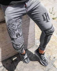 Trendy Men's Stretch Jeans Casual Pants Slim Printed Gray Jeans Men Fashion Printed Jeans Men Pencil Pants Skinny Jeans Men