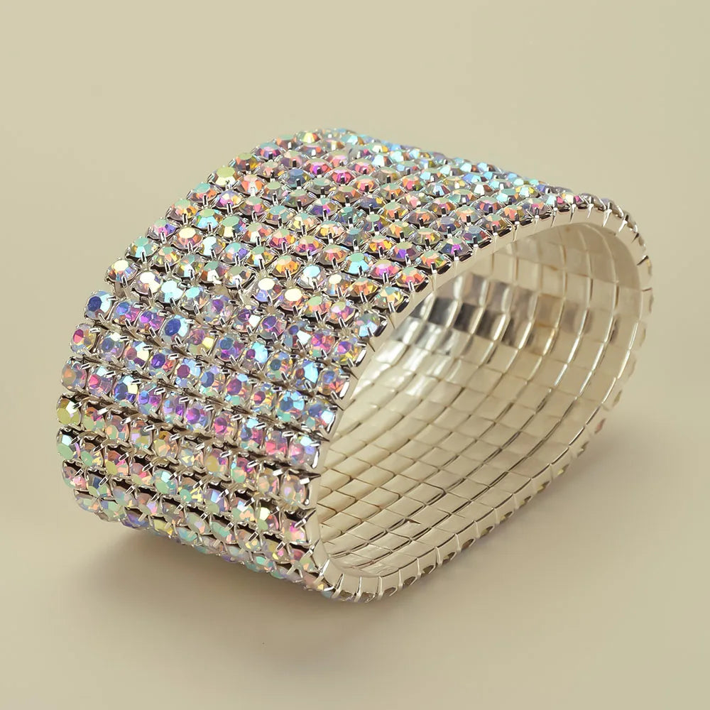 TREAZY 1-10 Rows Rhinestones Bridal Wedding Bangles Gold/Silver Color Crystal Stretch Bracelet Women Wristband Elastic Jewelry