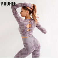 RUUHEE Women Yoga Set Camouflage Seamless Long Sleeve High Waist Leggings and Bra Workout Sportwears 2 Piece  Gym Suit Female