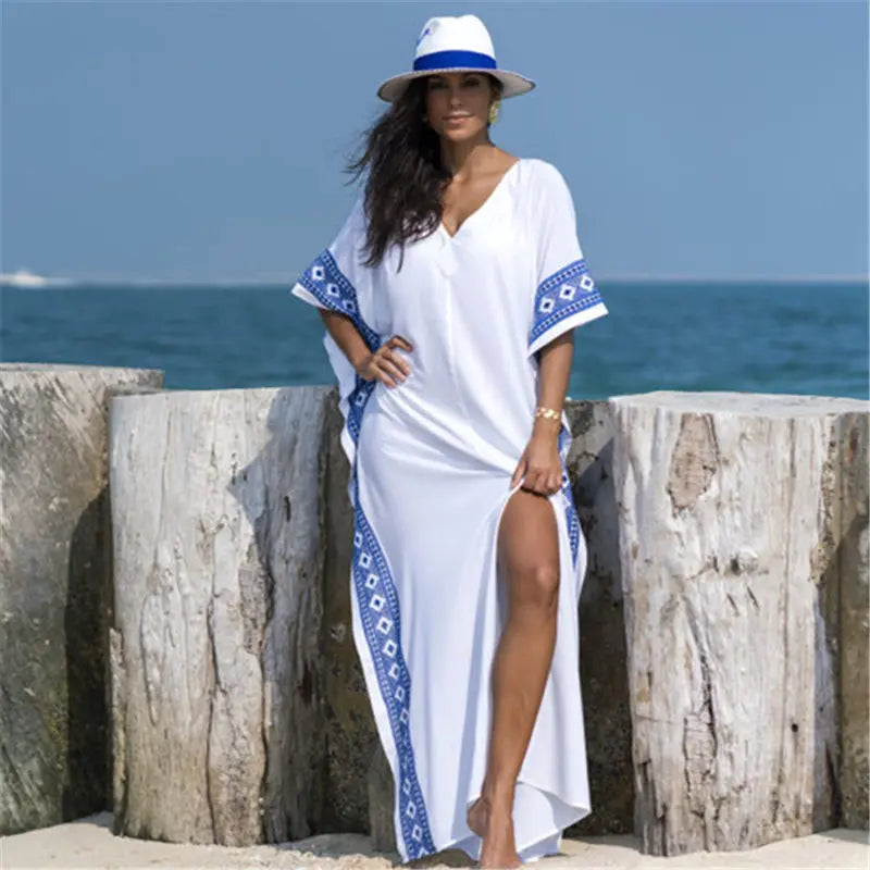 2023 Casual V-Neck Bats Sleeve Side Split Beach Kaftan Loose Summer Dress White Tunic Women Street Wear Maxi Dress N887