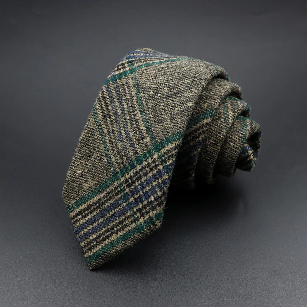 Classic Brown Grey Plaid Striped Wool Necktie Narrow Collar Slim Cashmere Tie For Man Suit Party Casual Accessory Cravat Gift