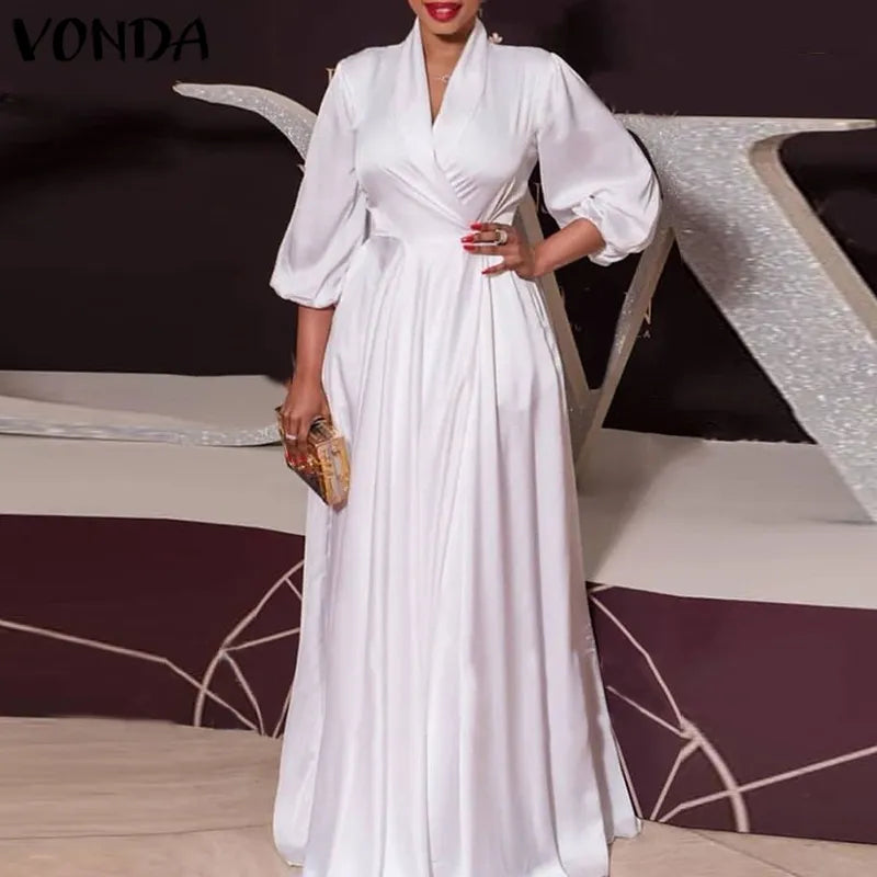 Plus Size Satin Slik Dress 2023 VONDA Sexy V Neck Long Sleeve Solid Dresses Bohemian Vestidos Loose Beach Sundress 5XL Oversize