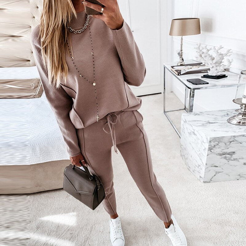 2021 Spring Winter Long Sleeve Pullover Top Drawstring Pants Casual Trousers Two Piece Set Womens Tracksuit Clothing Sport Suits