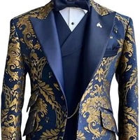 Jacquard Floral Tuxedo Suits for Men Wedding Slim Fit Navy Blue and Gold Gentleman Jacket With Vest Pant 3 Piece Male Costume