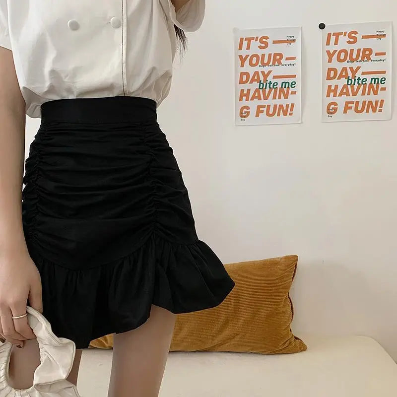 Skirts Women Solid A-line Summer Mini Hem Ruffles New Ulzzang Chic Ruched All-match High Waist Hot Selling Lovely Girls Elegant